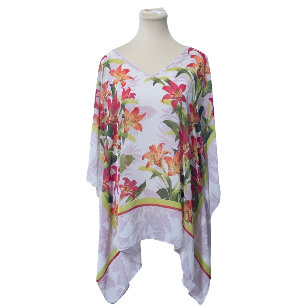 Susan Graver Floral Lily‎ Poncho Top XL White Pink Tropical Beach Resort Boho
